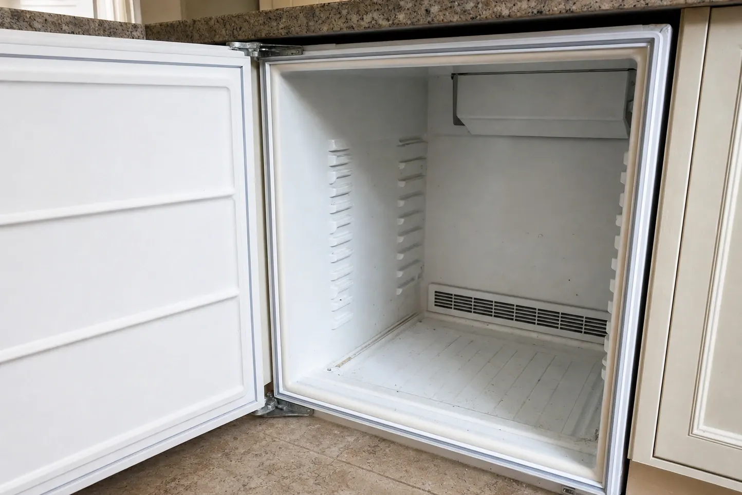 Undercounter refrigerator door swung open on an empty liner, shelf ladders and a rear vent grille inside