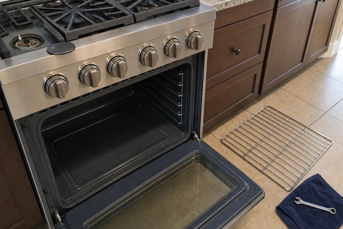 Professional gas range with the oven door dropped open on an empty cavity, cast grates and control knobs above
