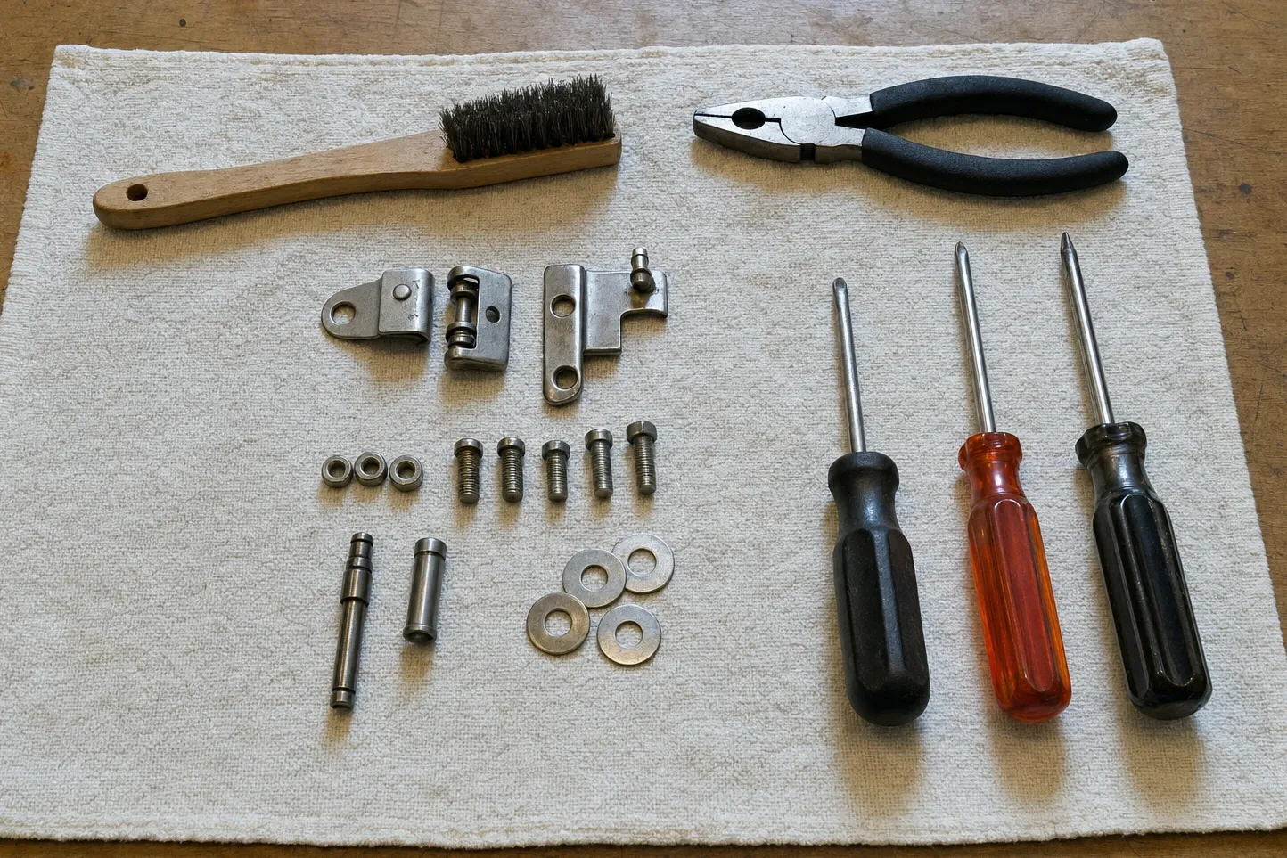Two hinge plates and a pivot barrel on a pale towel, with bolts, nuts, washers, two steel pins, pliers and three drivers