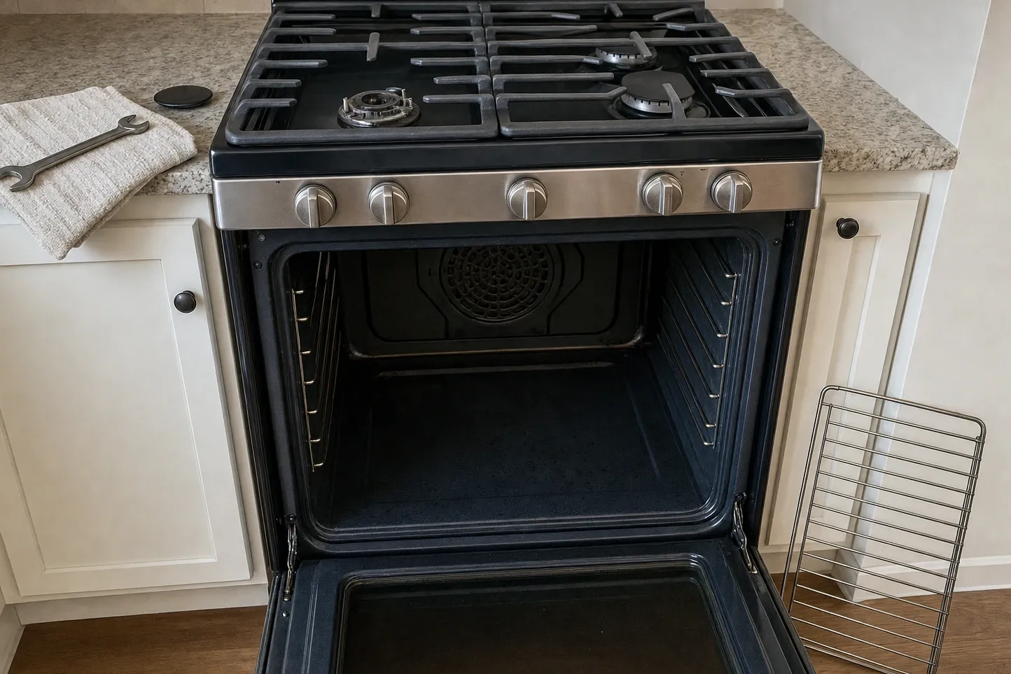 Slide-in gas range head-on between cream cabinets, two burners bare, the oven door down and the rack stood on the floor